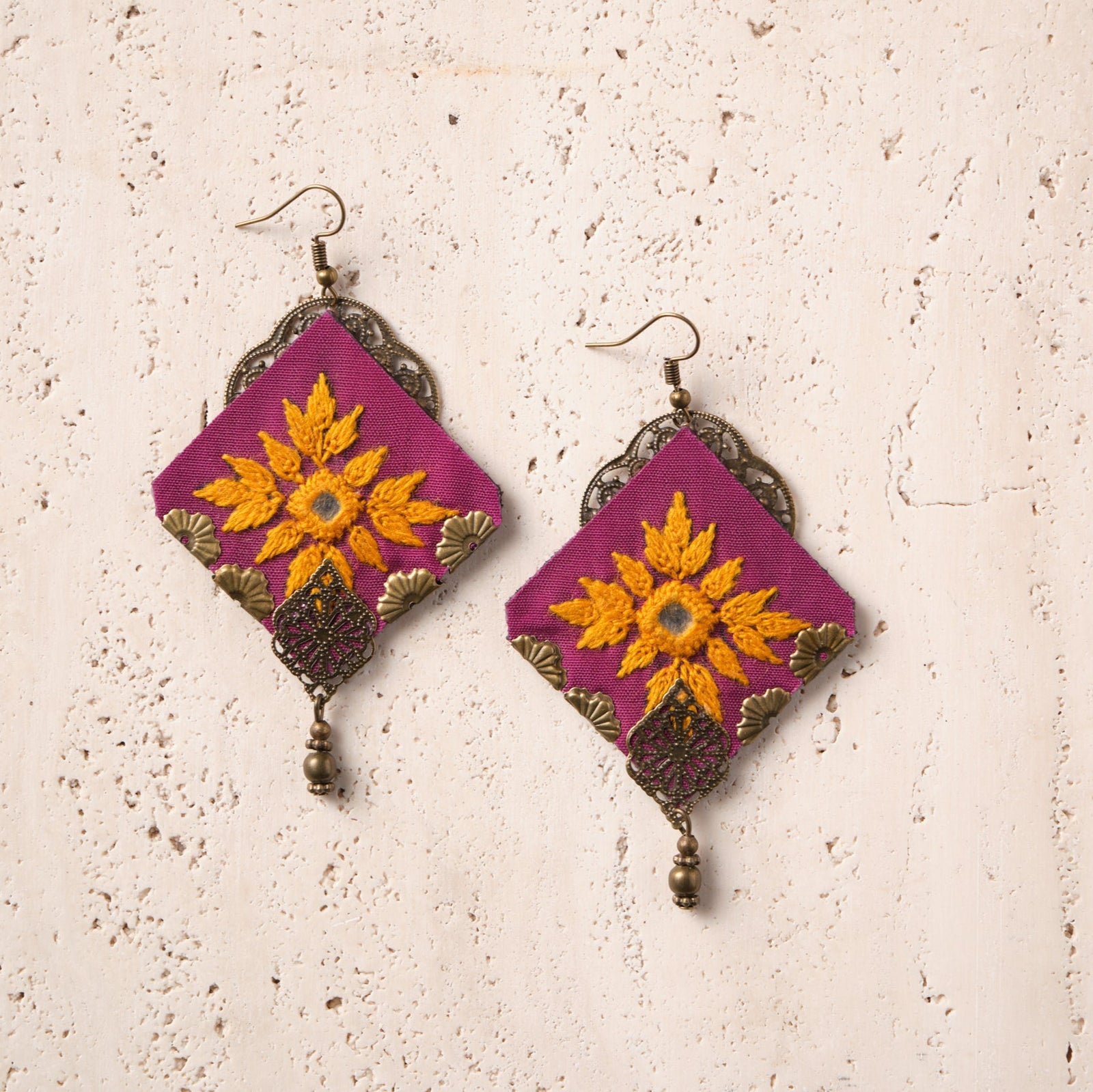 hand embroidered earrings magenta
