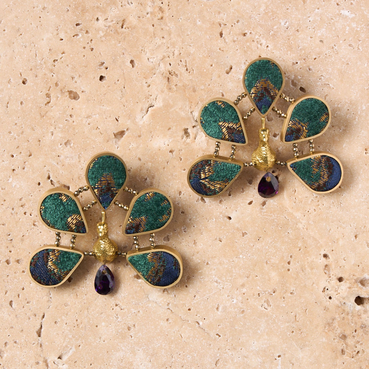 Luxury Peacock Earrings in Blue/Green with Amethyst Drop