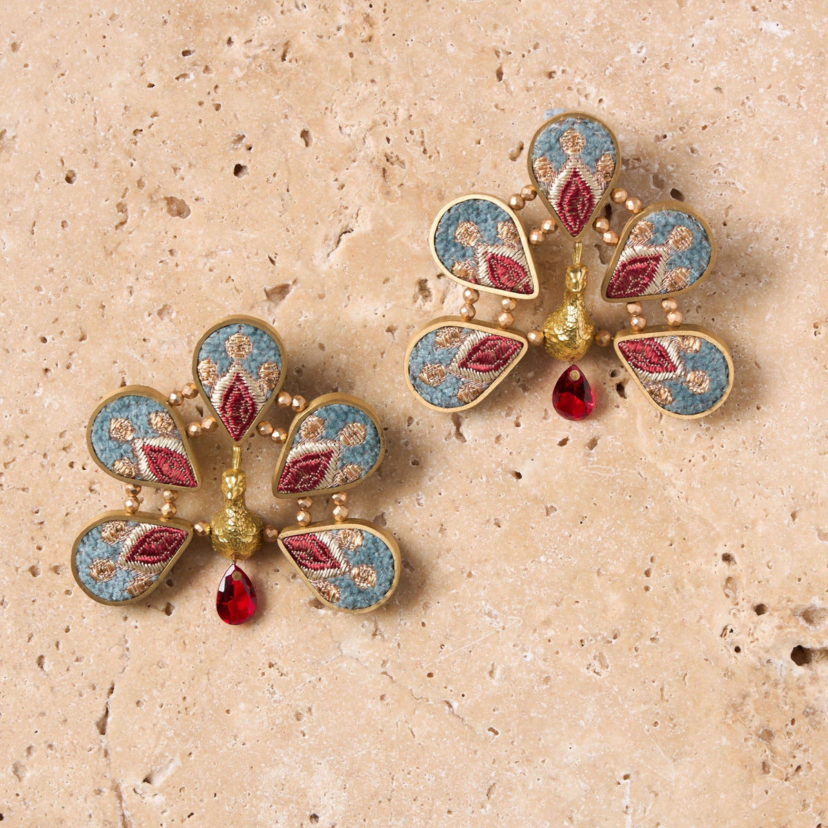 Luxury Peacock Earrings in Blue/Red with Garnet Drop