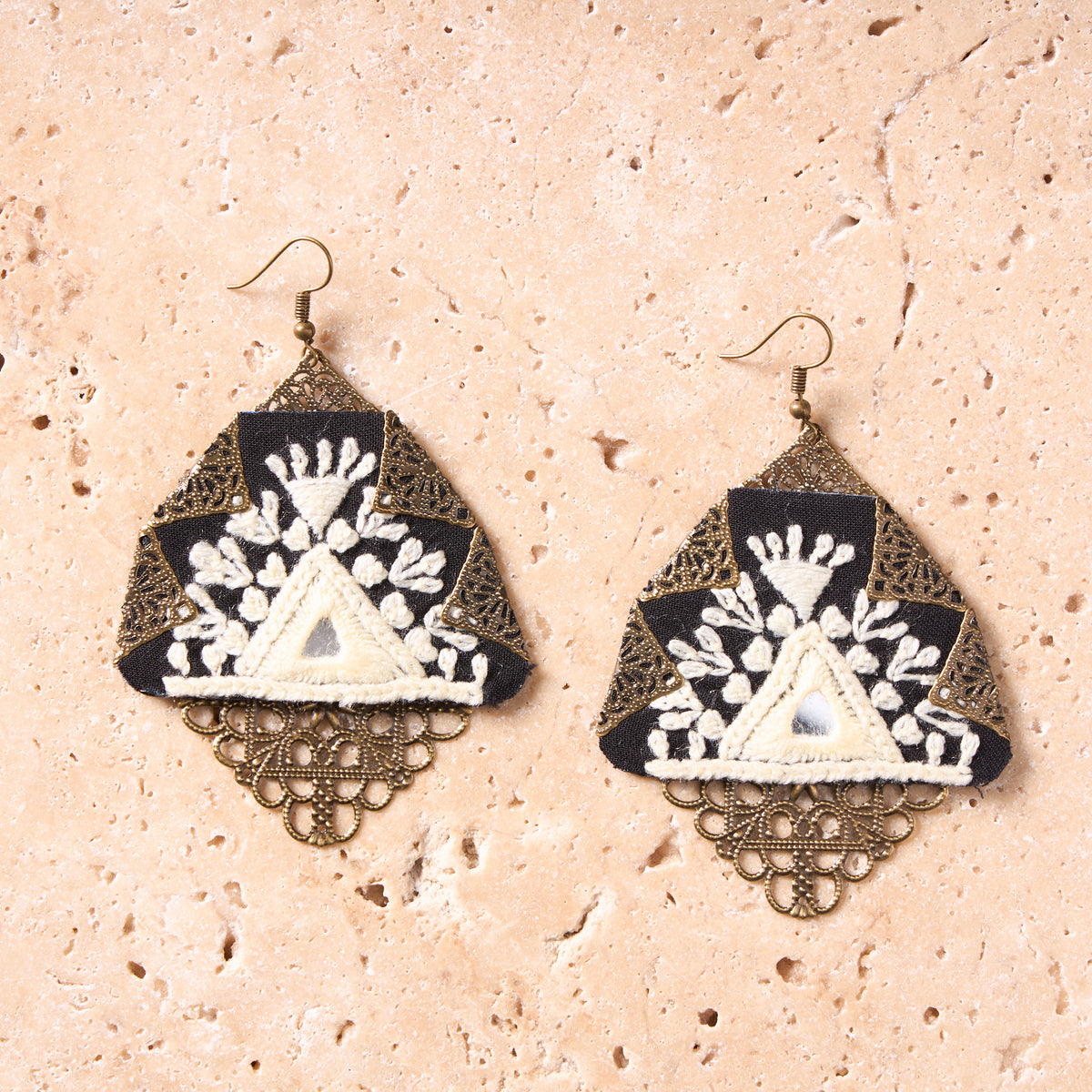 Hand-Embroidered Black and White Earrings - MIM6301