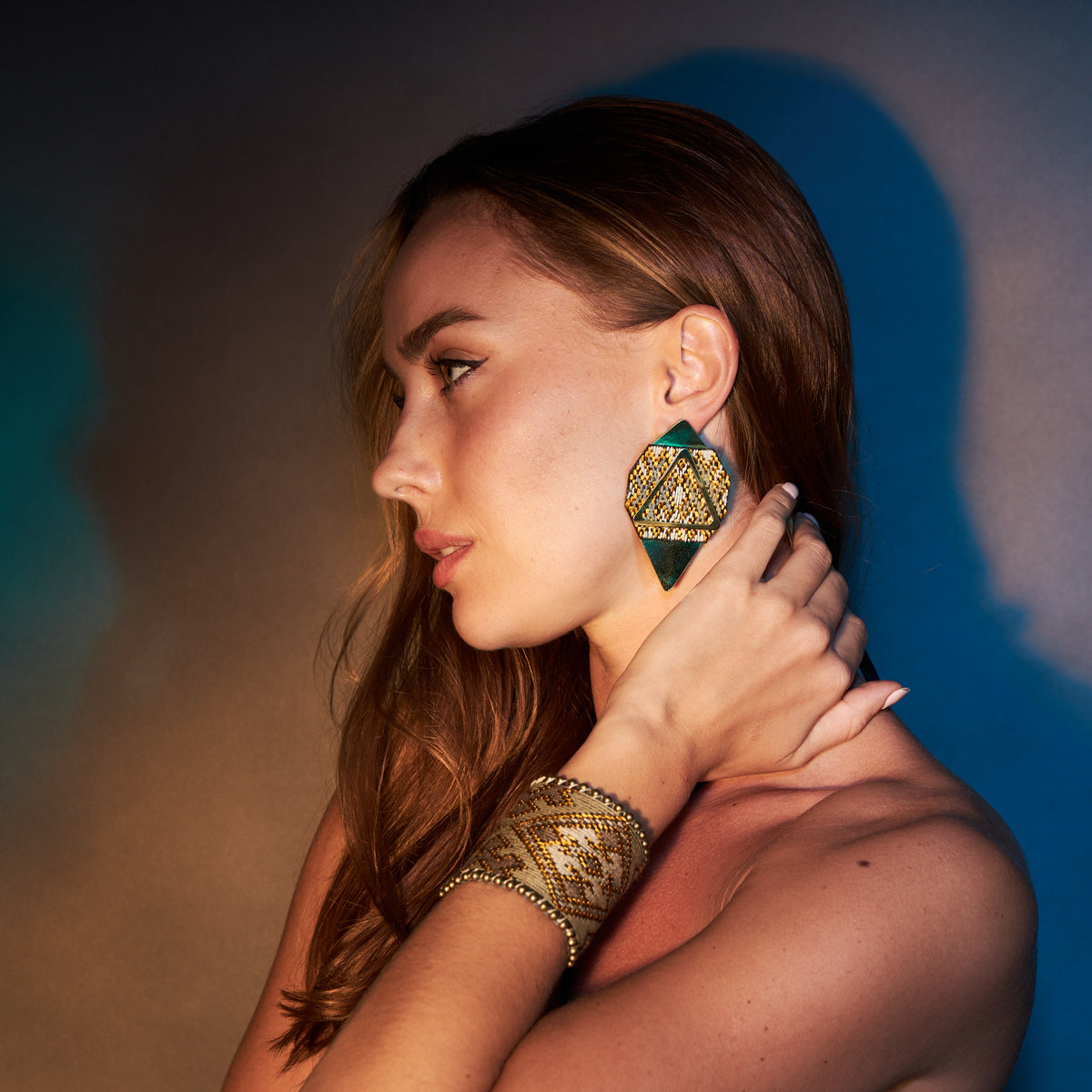 Gold Embroidered Cuff bracelet and Earrings Duo