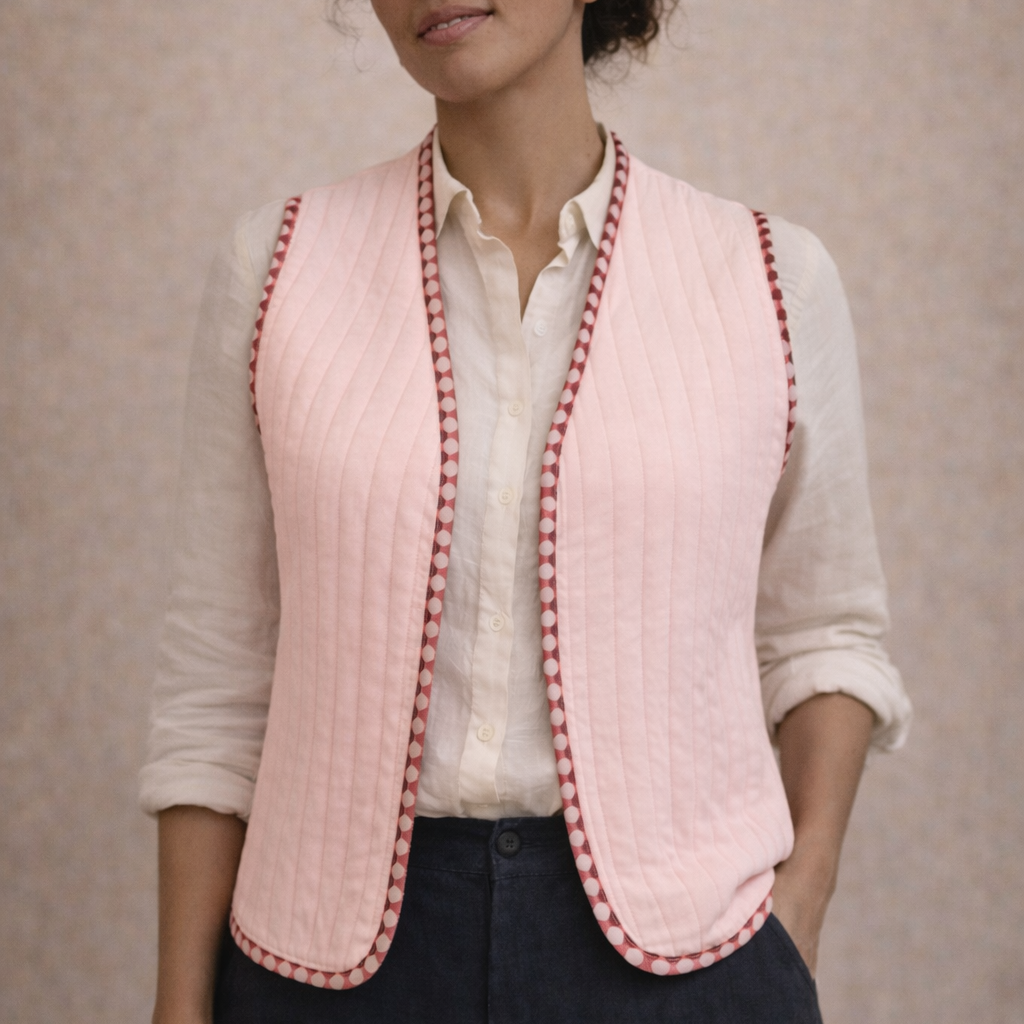 Woman wearing a pink quilted vest with red trim against a beige background