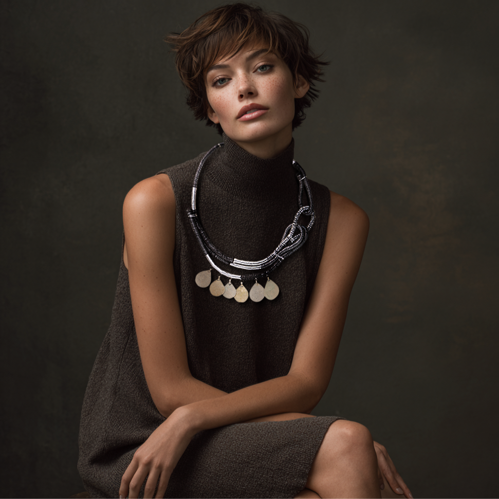 Chunky silver black cord necklace