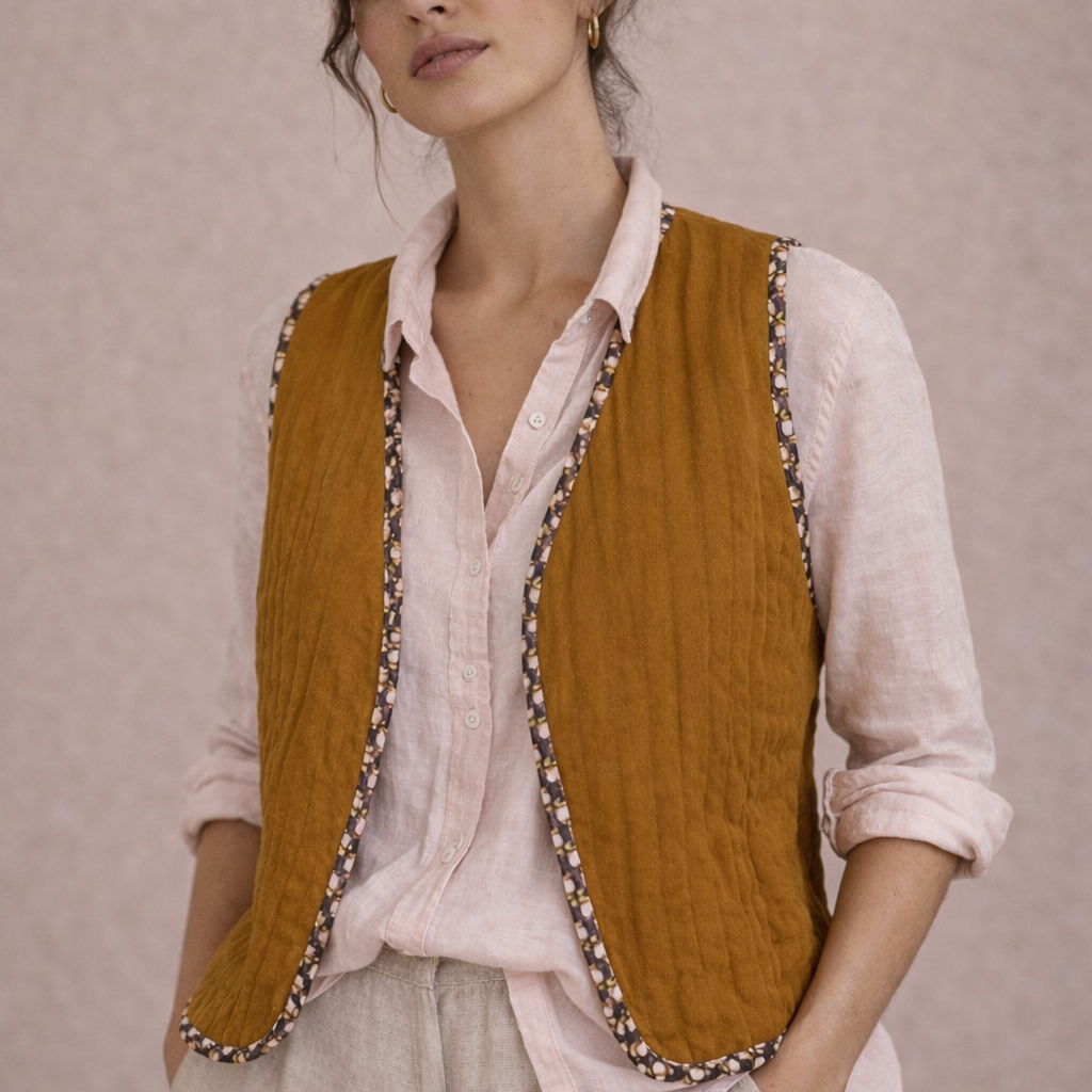 Woman wearing a mustard yellow vest with decorative trim against a beige background