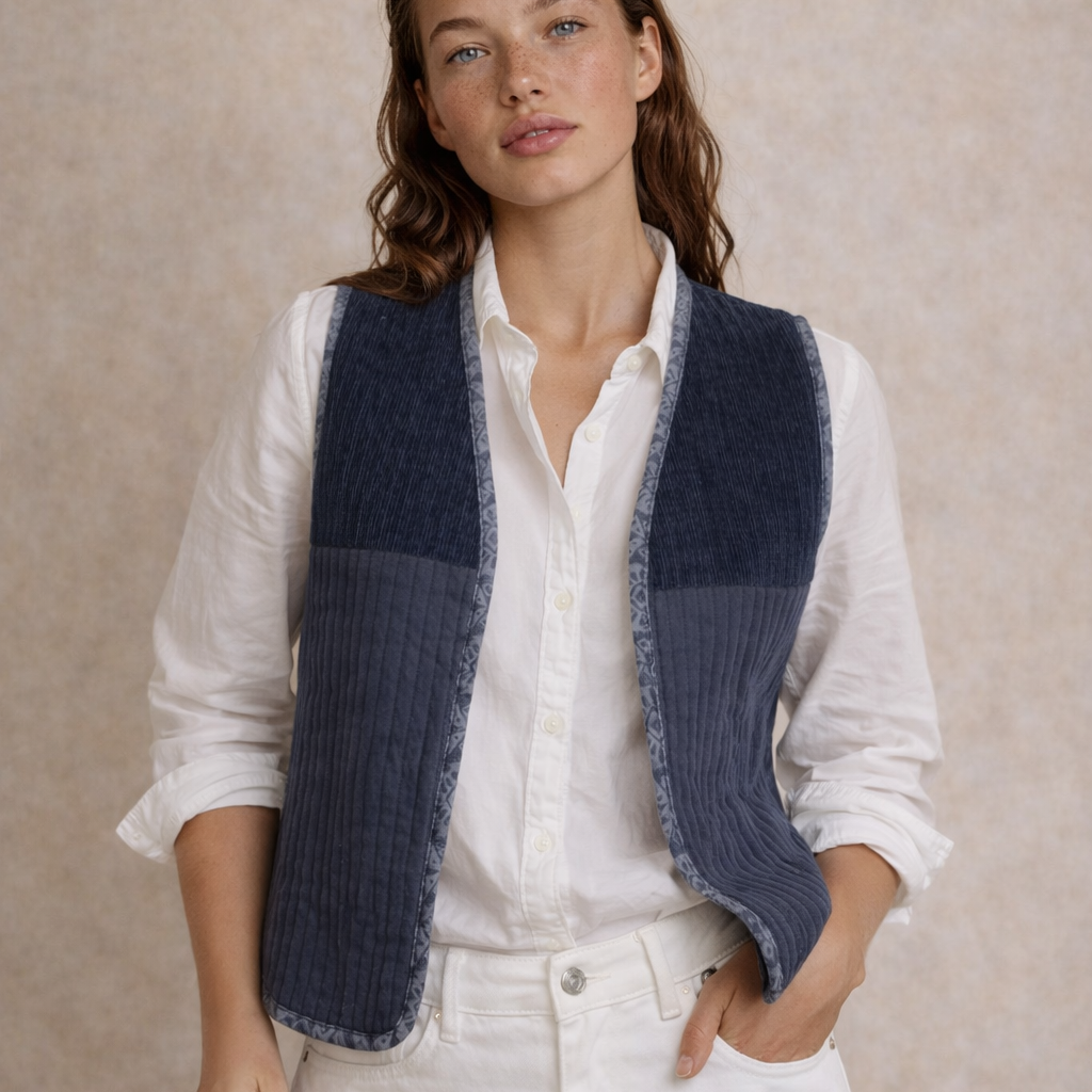 Woman wearing a blue vest over a white shirt and pants on a beige background