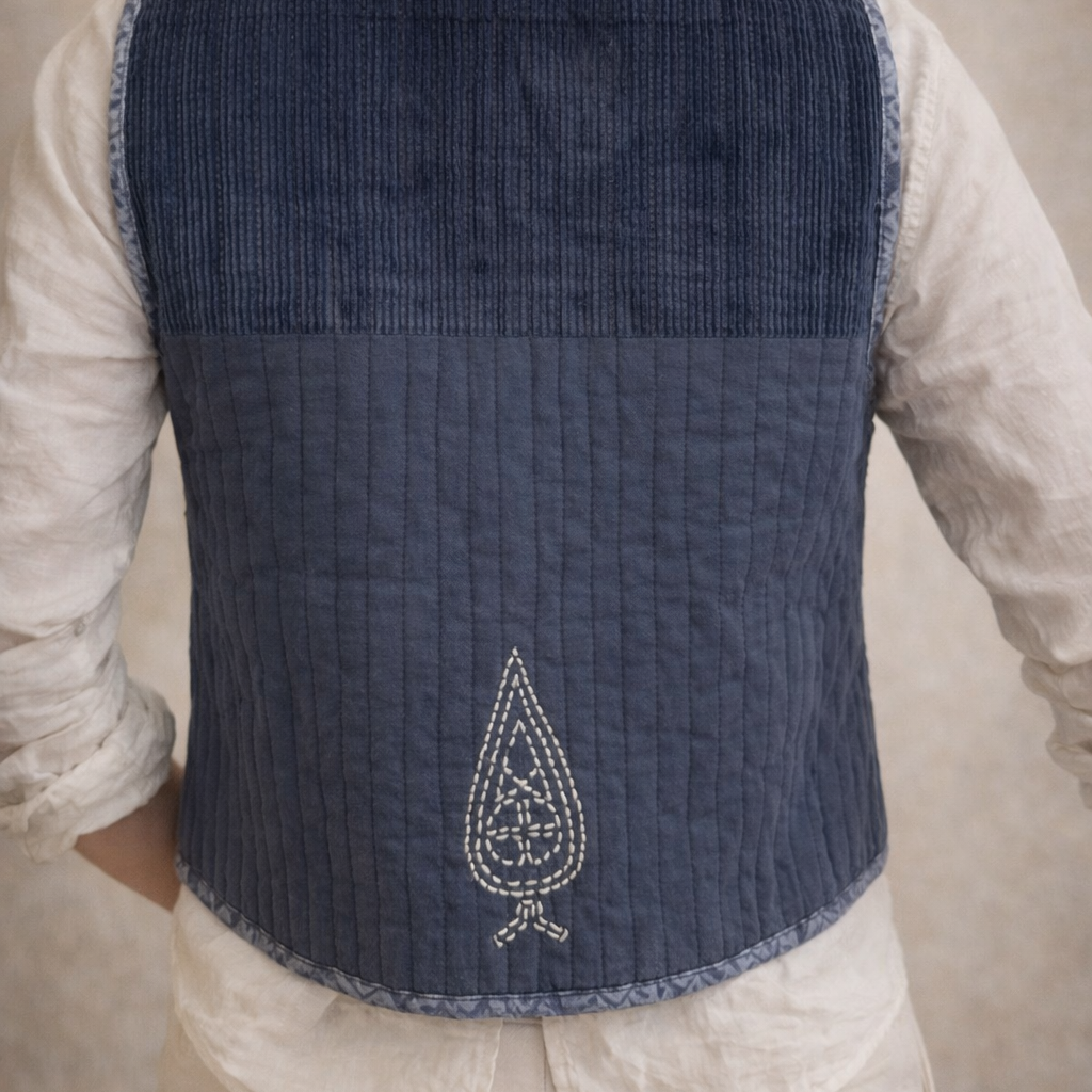 Woman wearing a blue vest over a white shirt and pants on a beige background