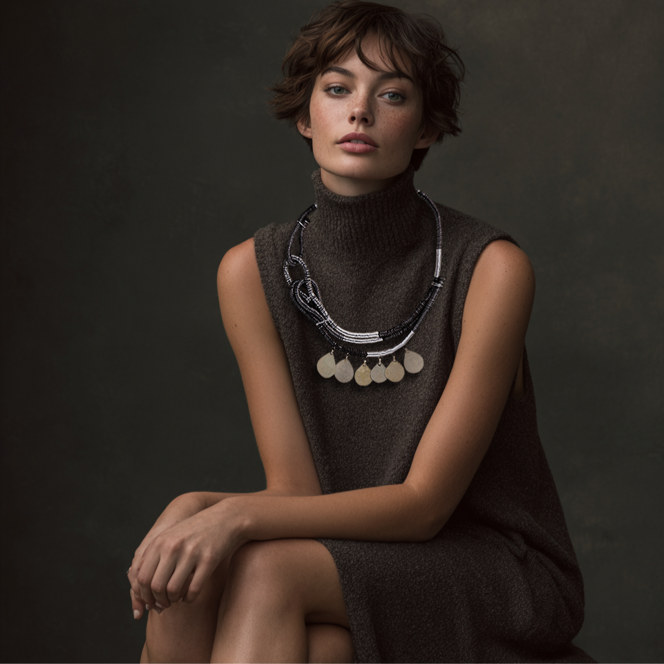 chunky statement textile necklace with charms