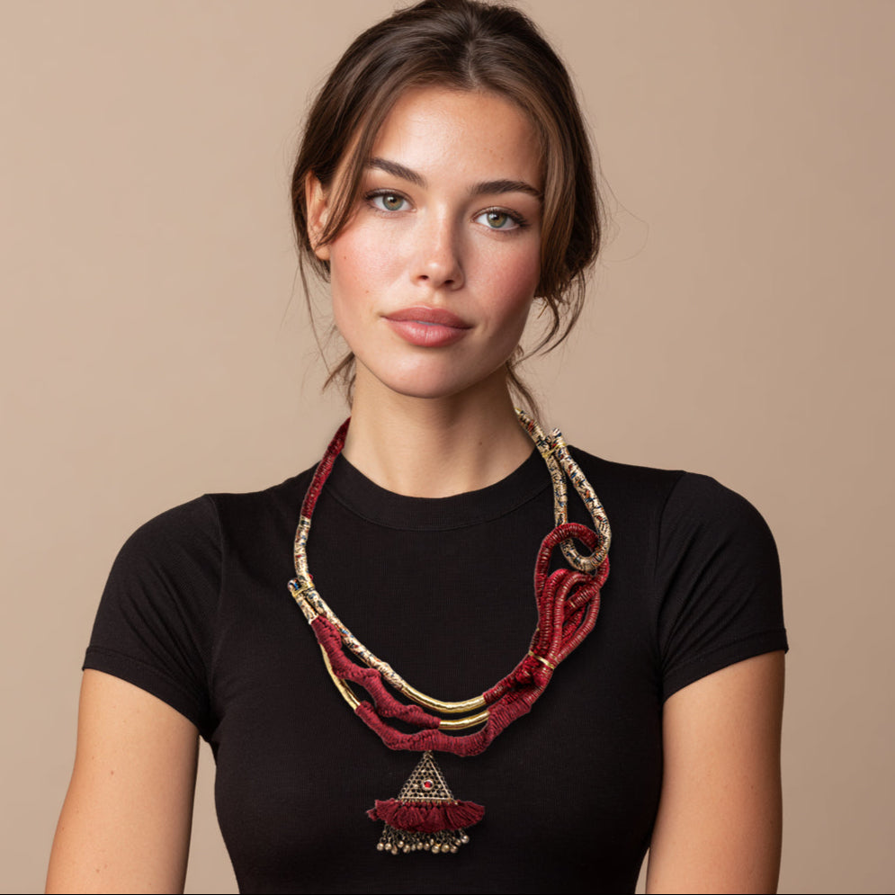 crimson red statement necklace with charm