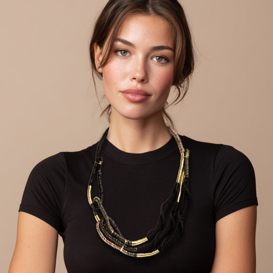 handmade statement necklace in gold black - cotton cord textile knotted fabric necklace