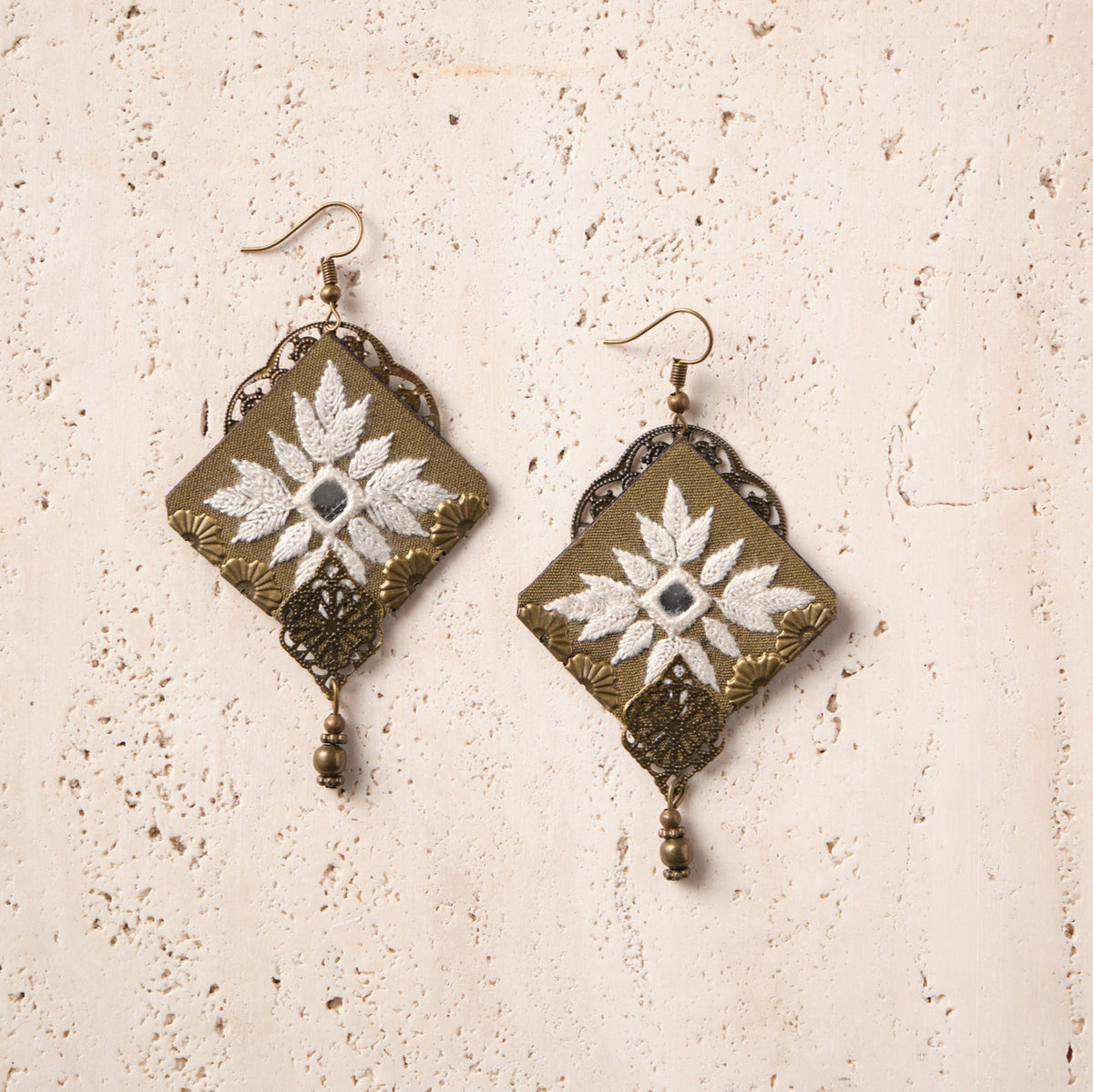 hand embroidered boho earrings olive