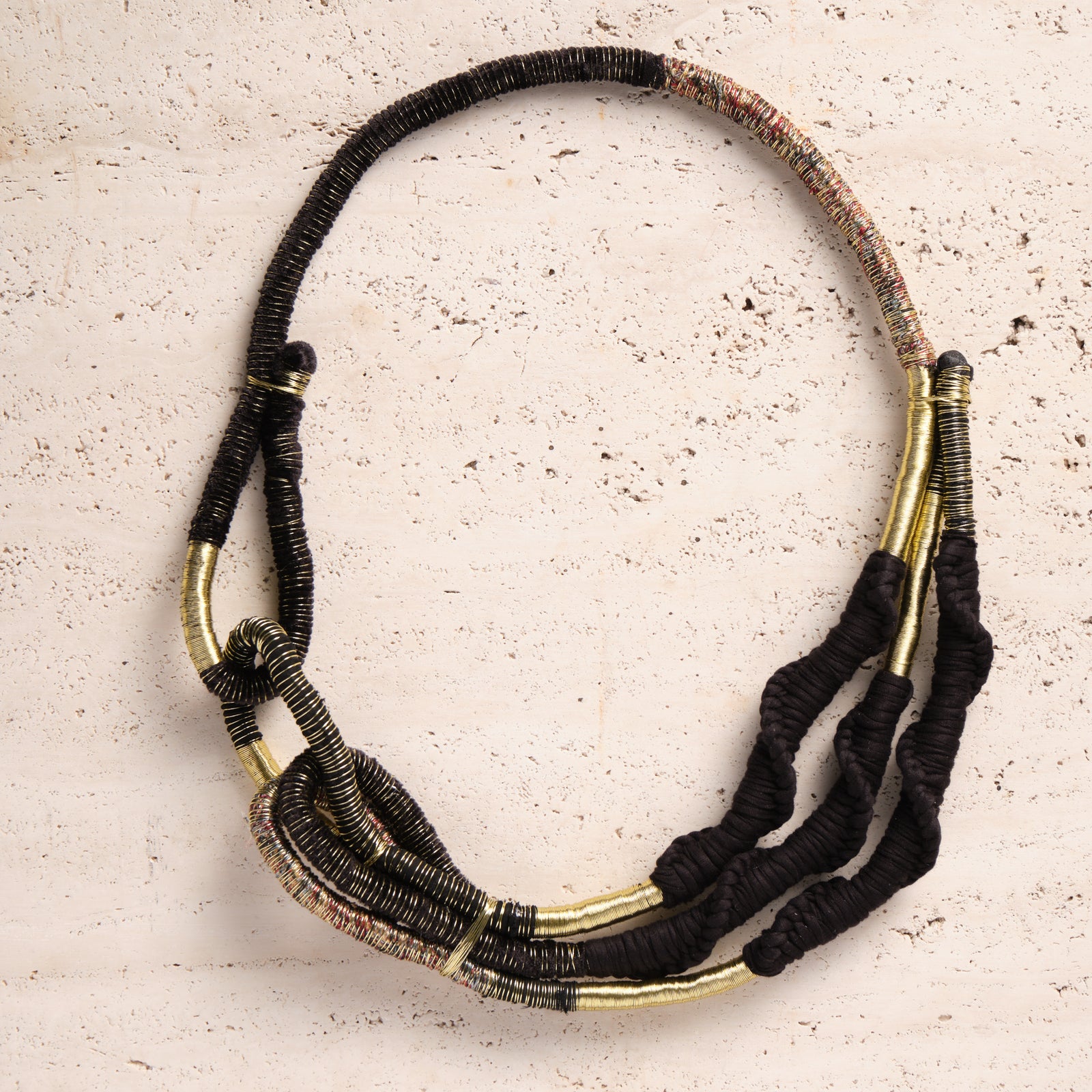 handmade statement necklace in gold black - cotton cord textile knotted fabric necklace