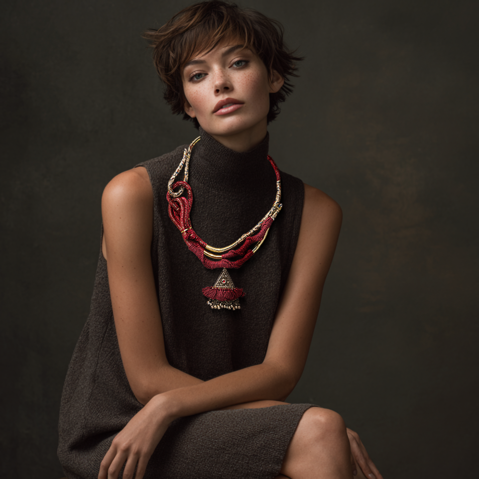 red gold chunky statement textile necklace