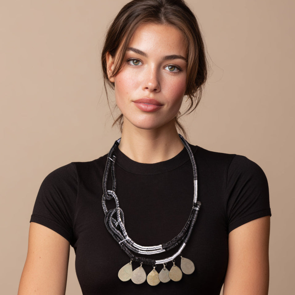 wearable art handmade statement necklace in silver black