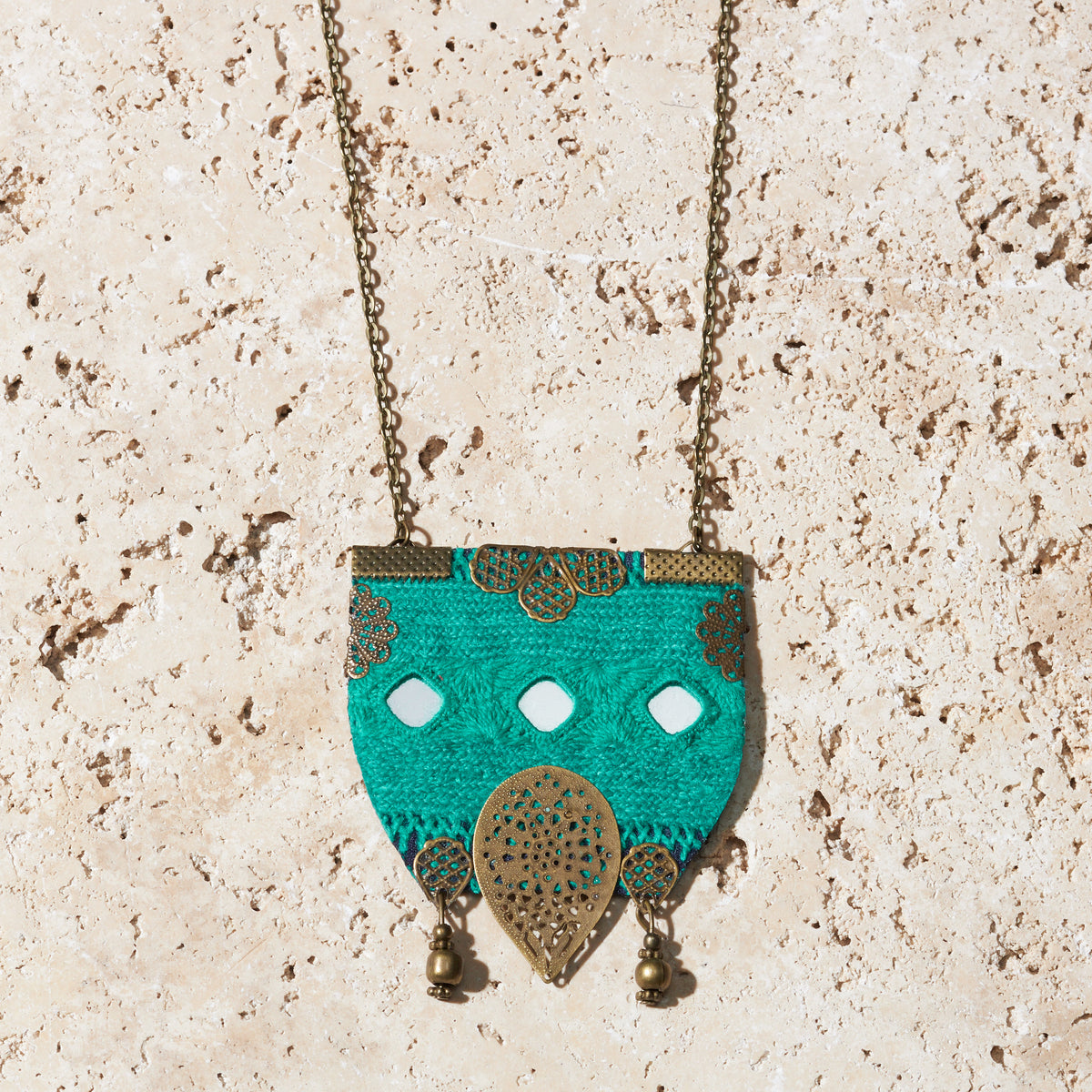 Boho Turquoise Statement Necklace Hand embroidery-MIM2629