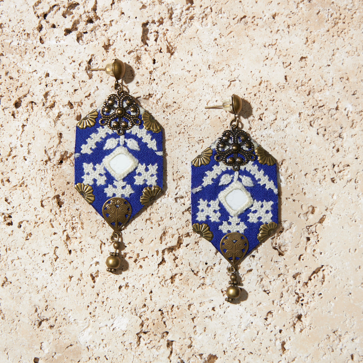 Hand Embroidery Statement Earrings with Brass Adornments - MIM3257