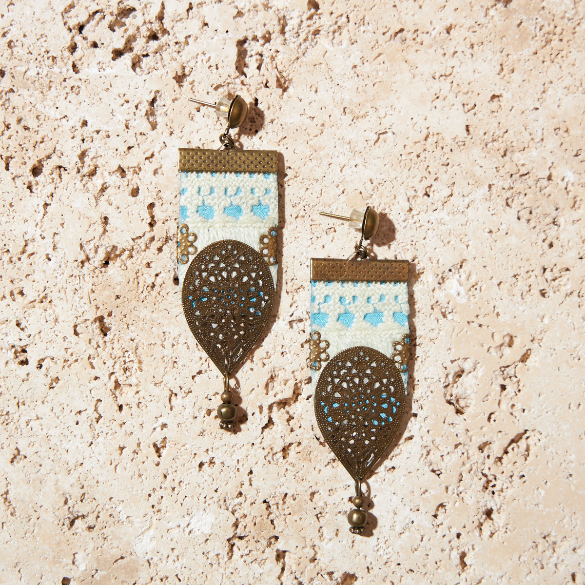 Hand Embroidery Statement Earrings with Brass Adornments - MIM3244
