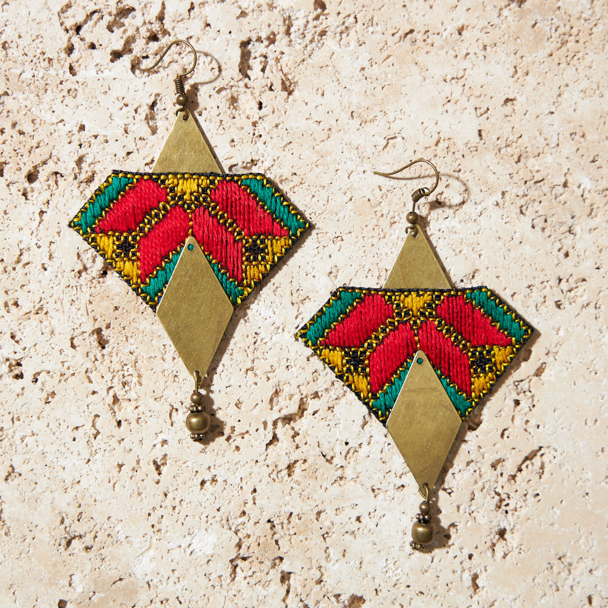Hand Embroidery Statement Earrings with Triangle Brass Plates - MIM3227