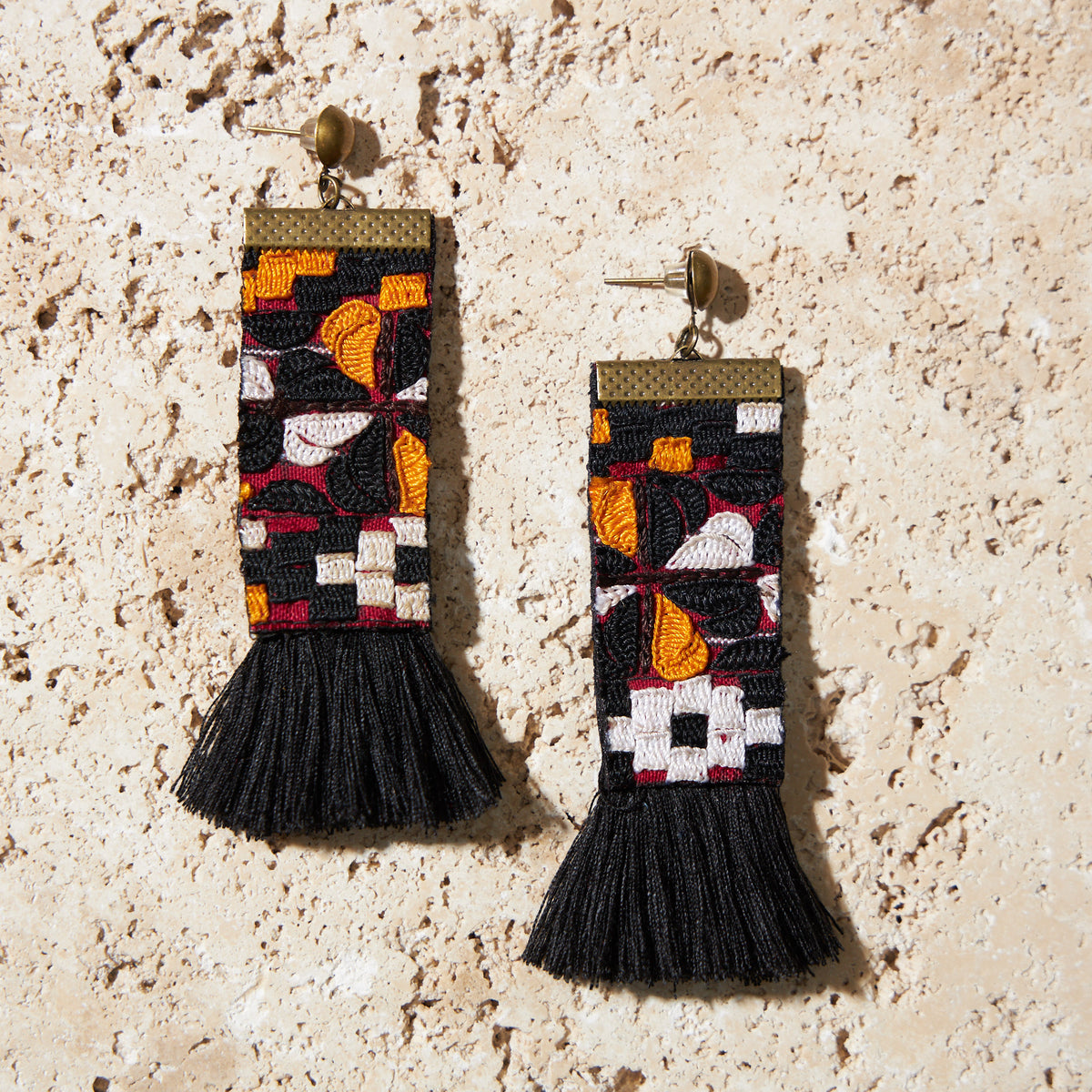 Hand Embroidery Statement Earrings with Black Tassel - MIM3221