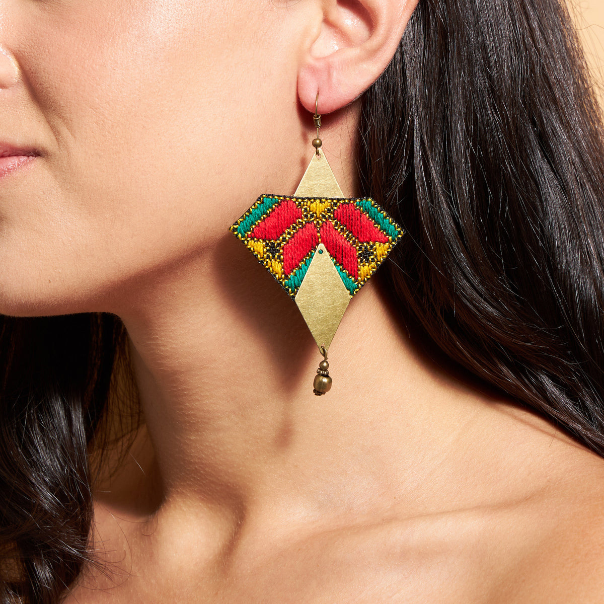 Hand Embroidery Statement Earrings with Triangle Brass Plates - MIM3227