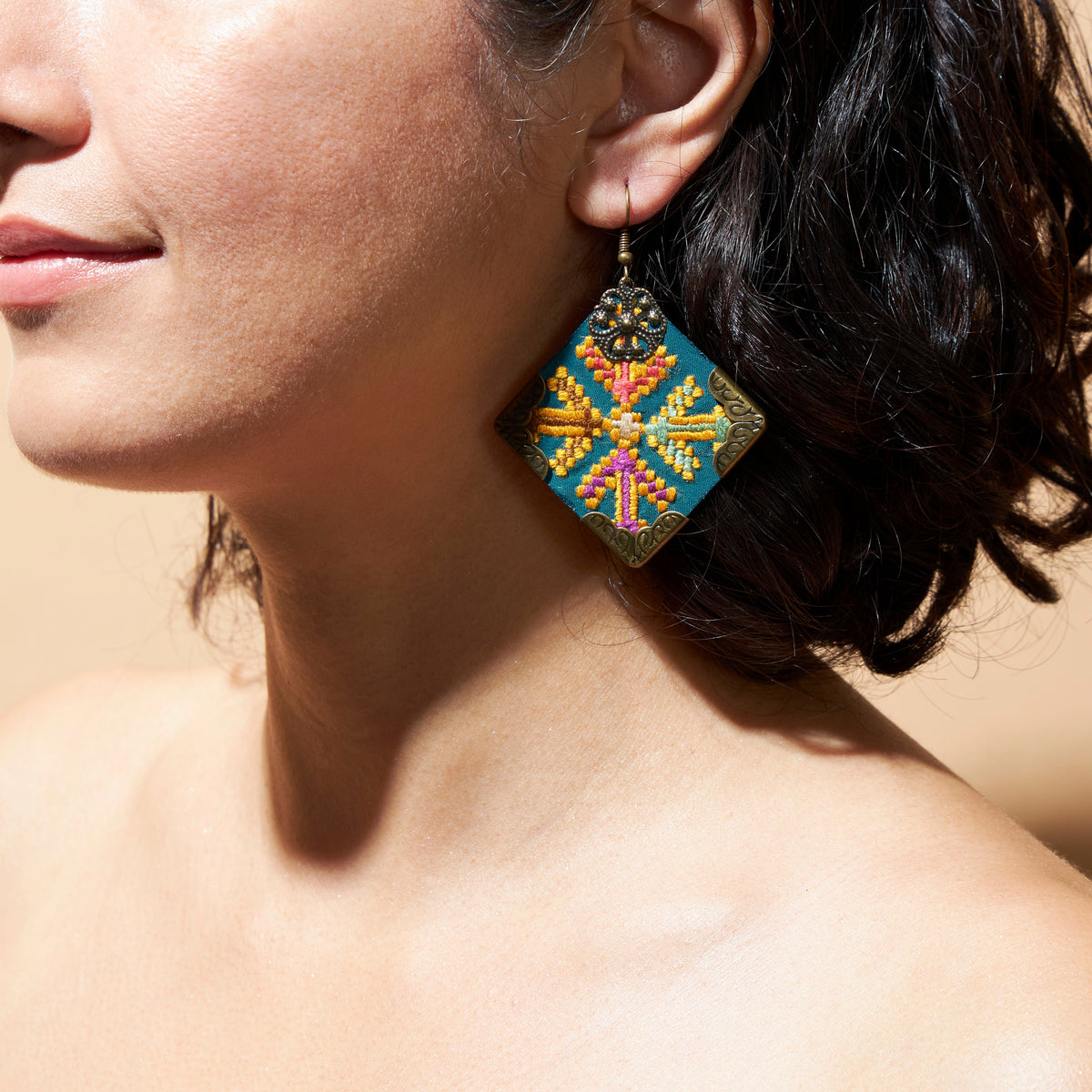 Bohemian hand made earrings. Hand embroidered diamond earrings