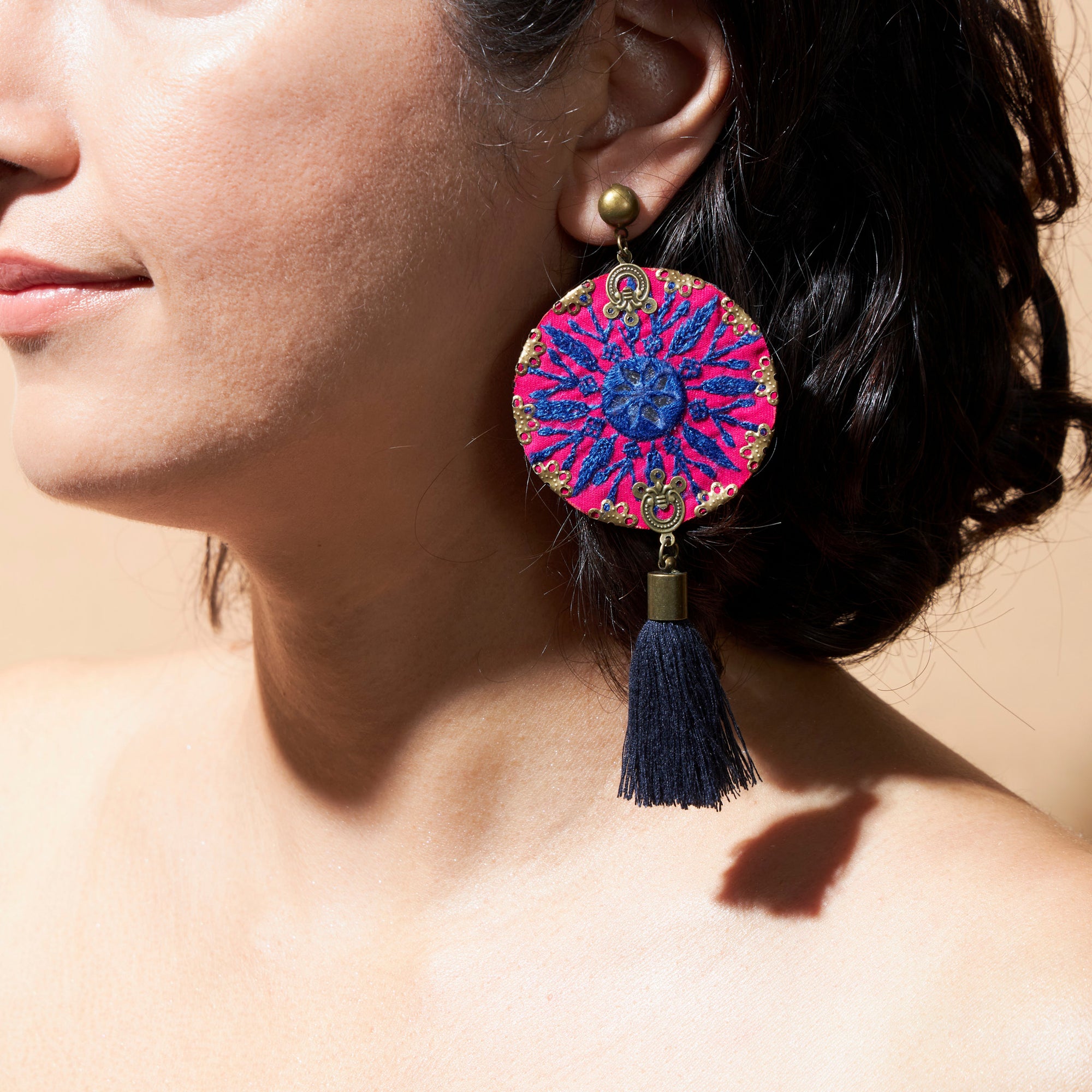 Bohemian hand made magenta and blue earrings. Hand embroidered mirror works earrings