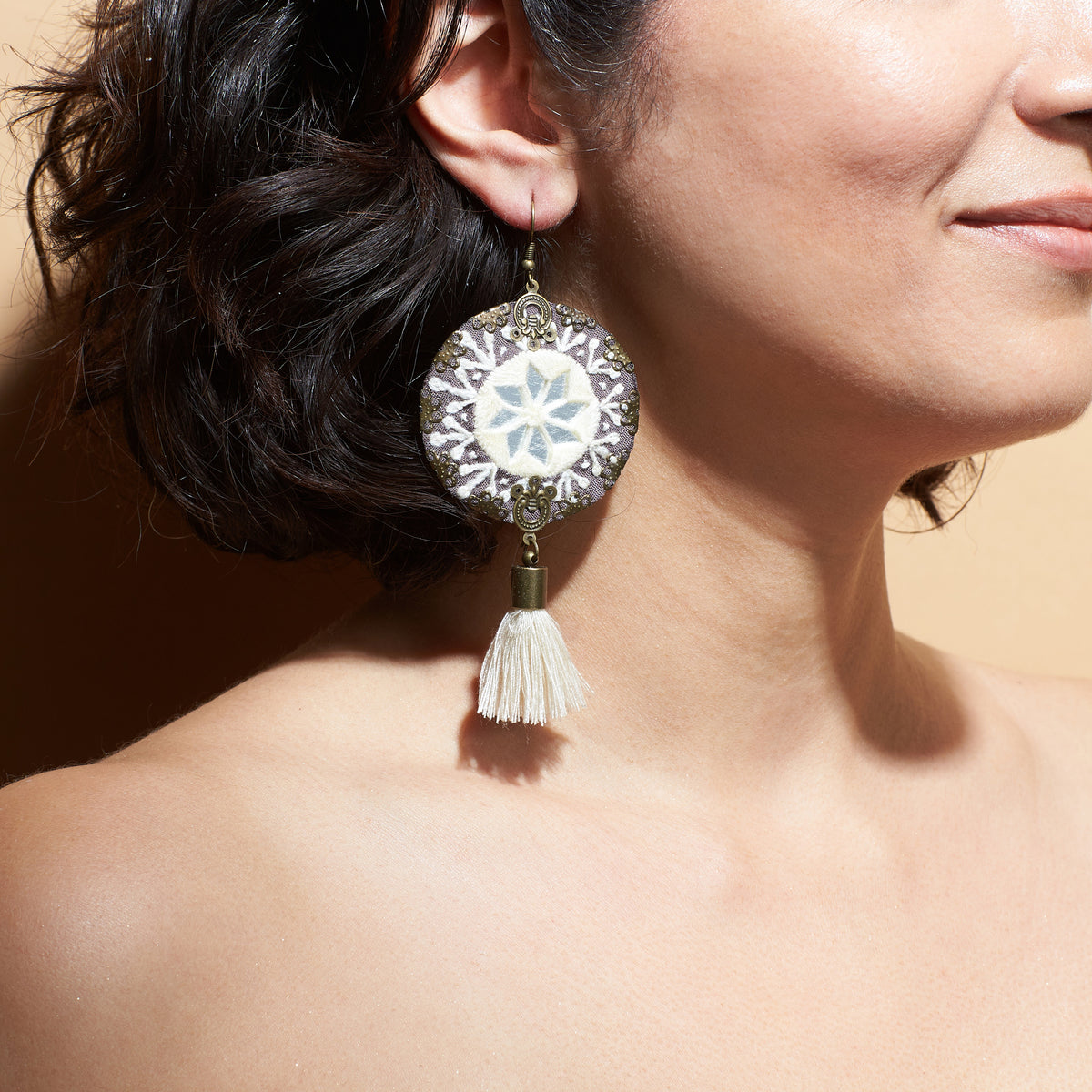 Hand Embroidered Circle Earrings with Tassel  - MIM2567