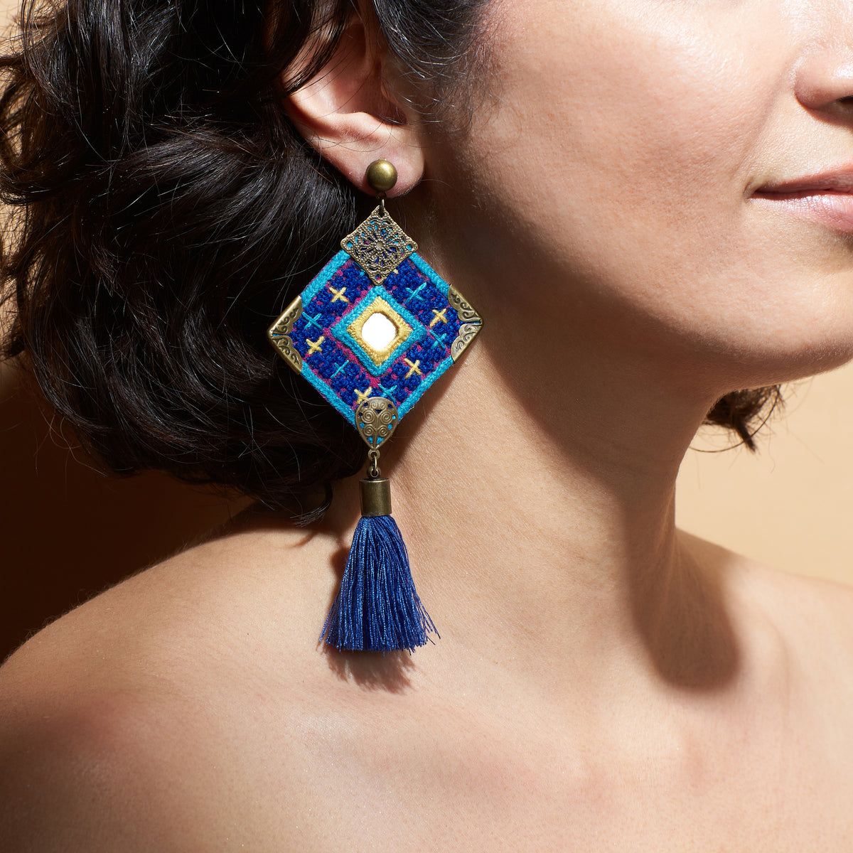 Hand Embroidered Earrings With Blue Tassel - MIM2584