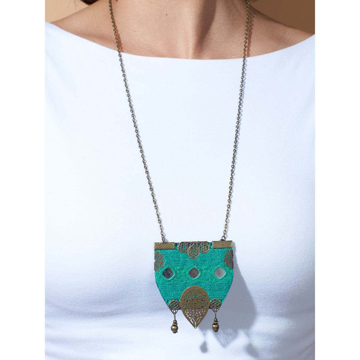 Boho Turquoise Statement Necklace Hand embroidery-MIM2629