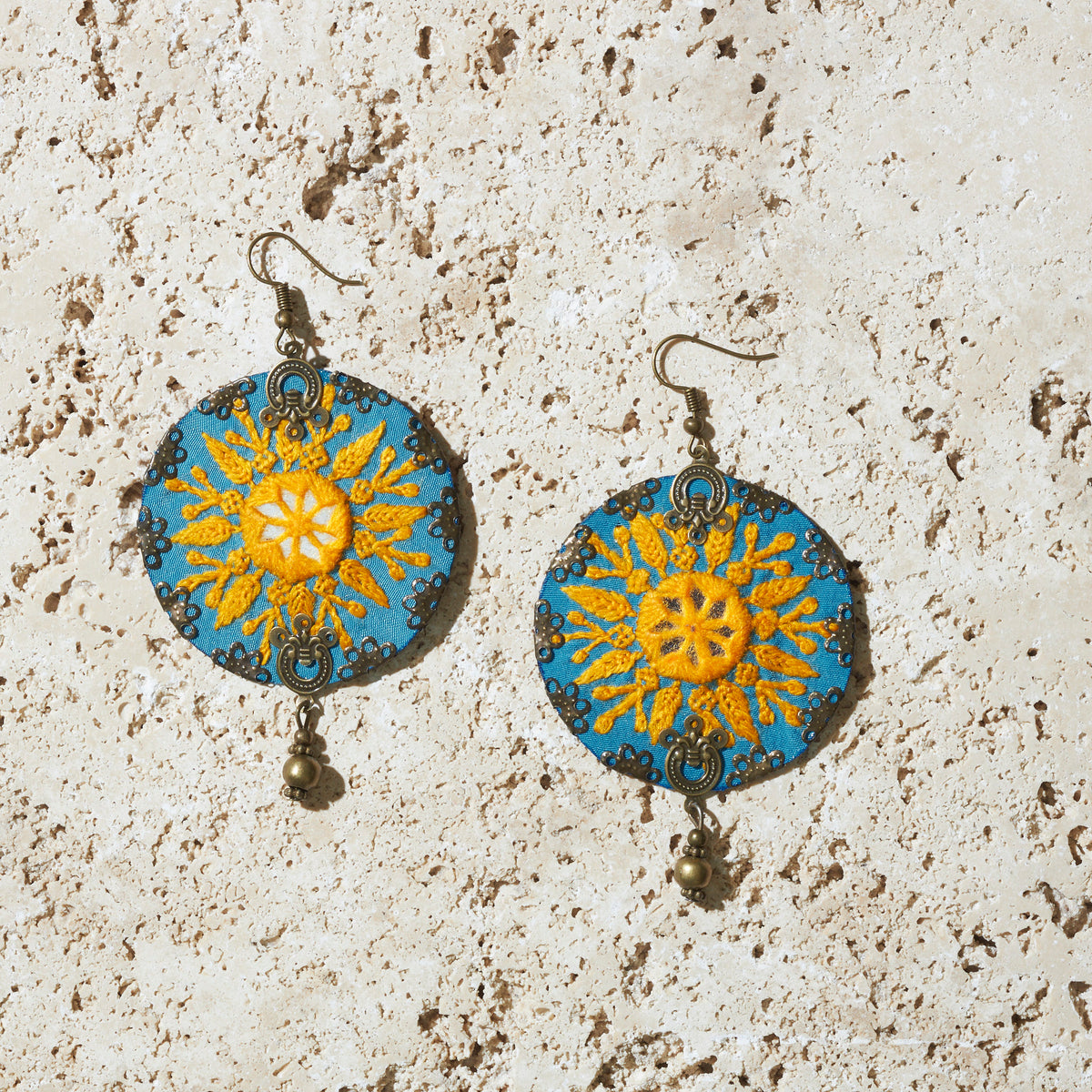 Bohemian hand made earrings. Hand embroidered mirror works earrings