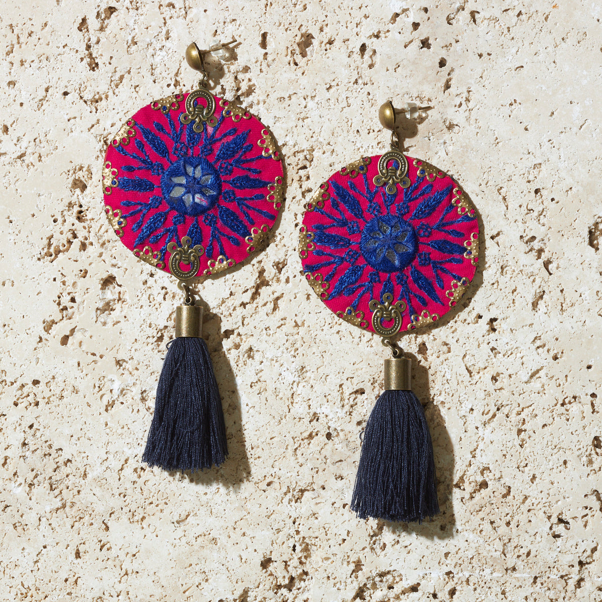 Bohemian hand made magenta and blue earrings. Hand embroidered mirror works earrings