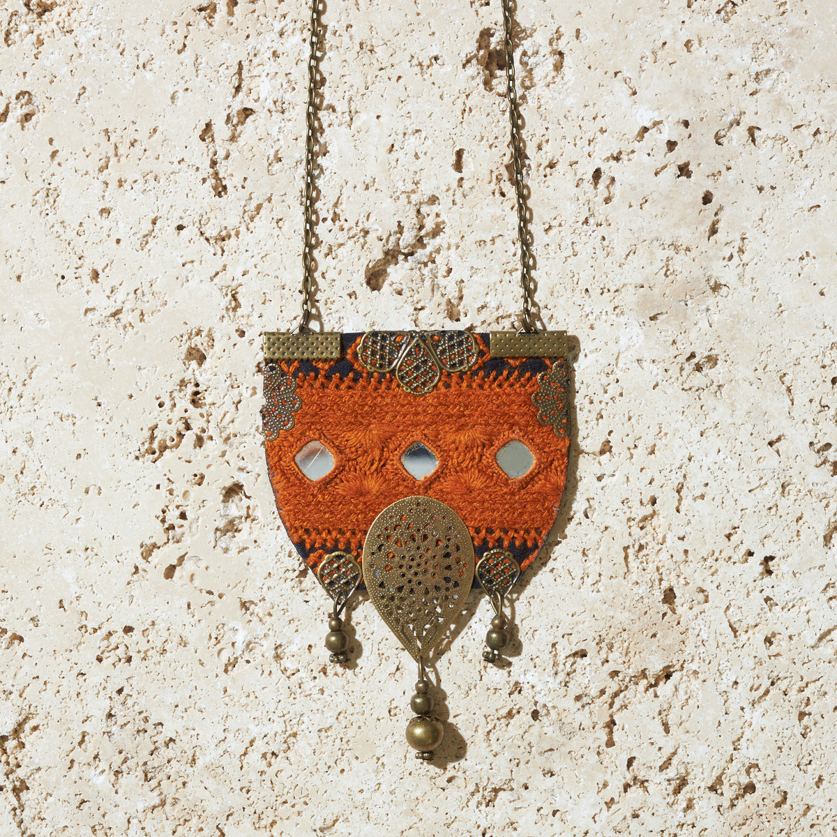 Boho Ochre Statement Necklace Hand embroidery-MIM3204