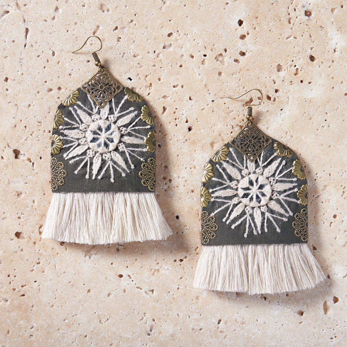 Embroidery earrings with white tassel - MIM4053