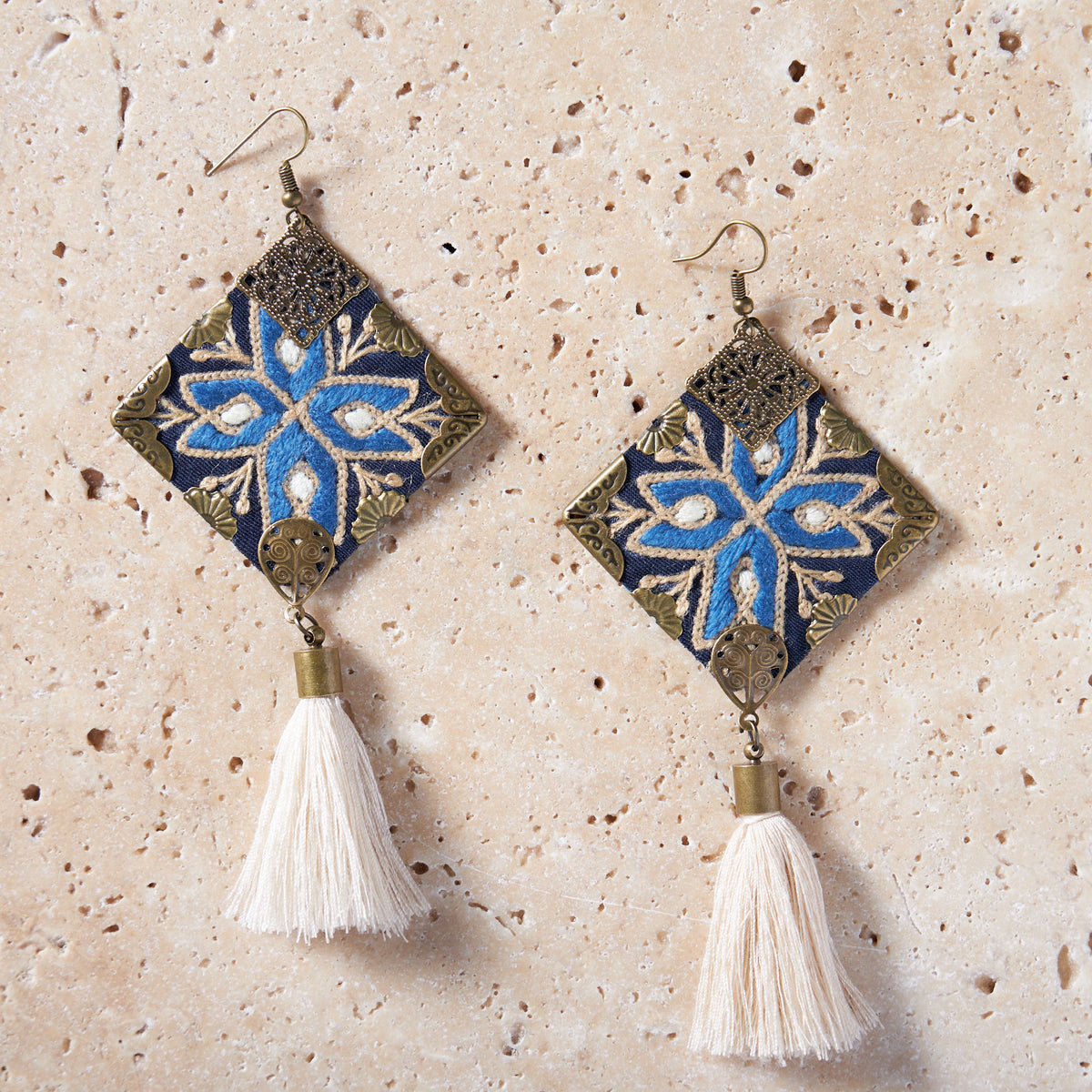 Embroidery earrings with white tassel - MIM4054