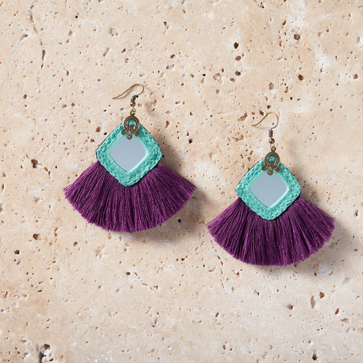 Mirror earrings with purple tassel - MIM4065