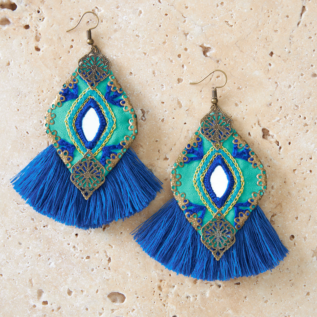 Bohemian Hand Embroidered Earrings With Tassel - MIM32781