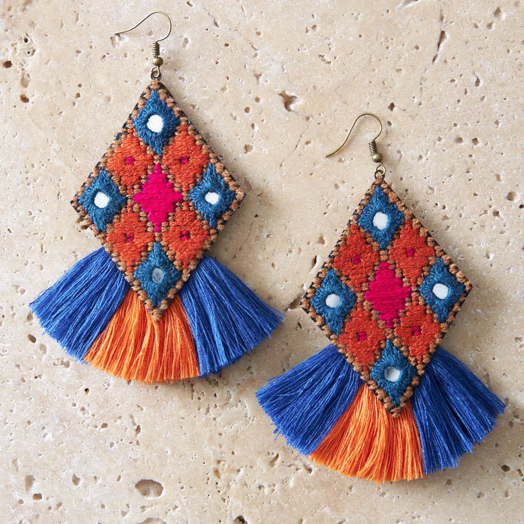Bohemian Hand Embroidered Earrings With Tassel - MIM3278