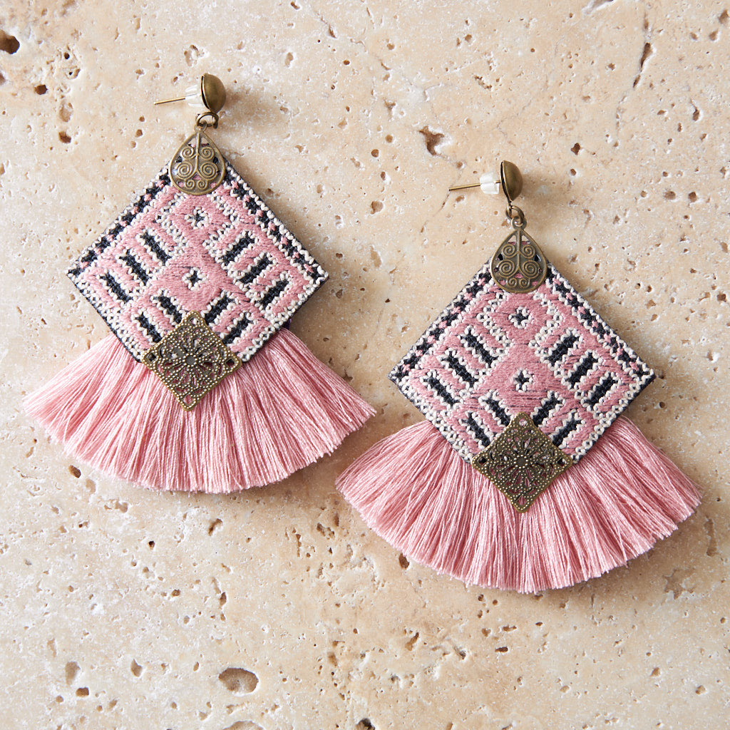 Bohemian Hand Embroidered Earrings With Tassel - MIM3275